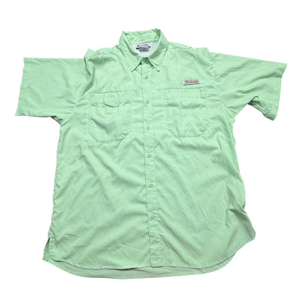 Columbia PFG Fishing Shirt Mens Large Green Short Sleeve UPF 30 Ripstop Venting
